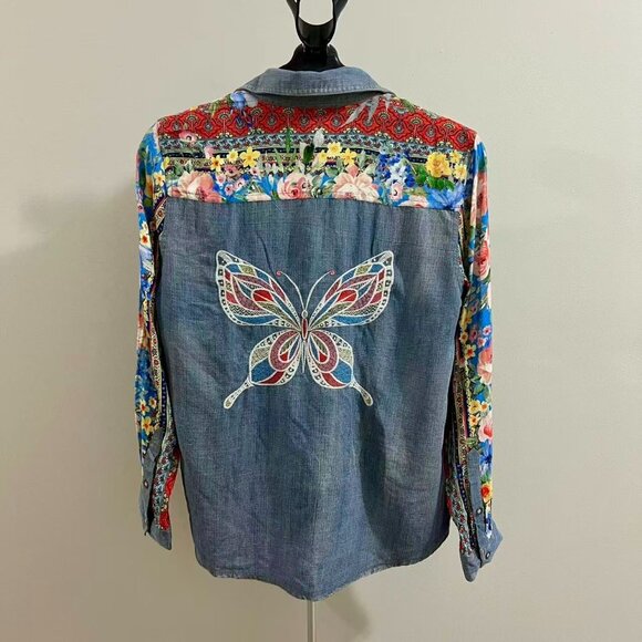 NWOT John Mark Floral Embroidered Long Roll-Tab Sleeve Shirt Tunic Blouse Top S - Picture 3 of 12